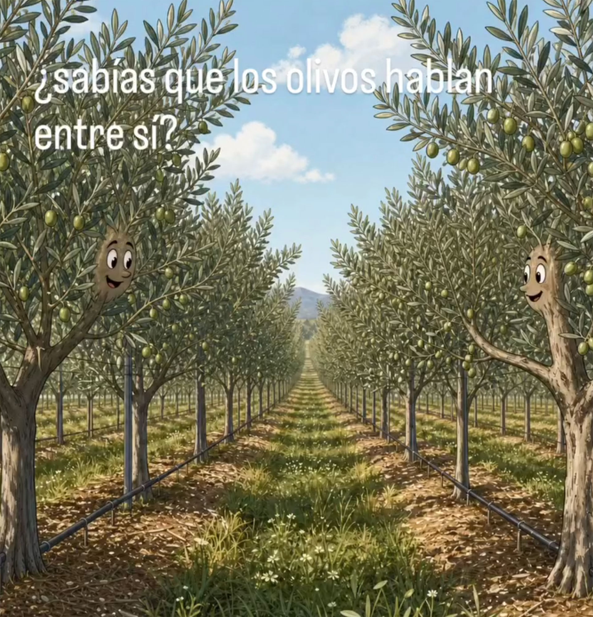 Ilustración de un olivar donde los olivos se comunican entre sí